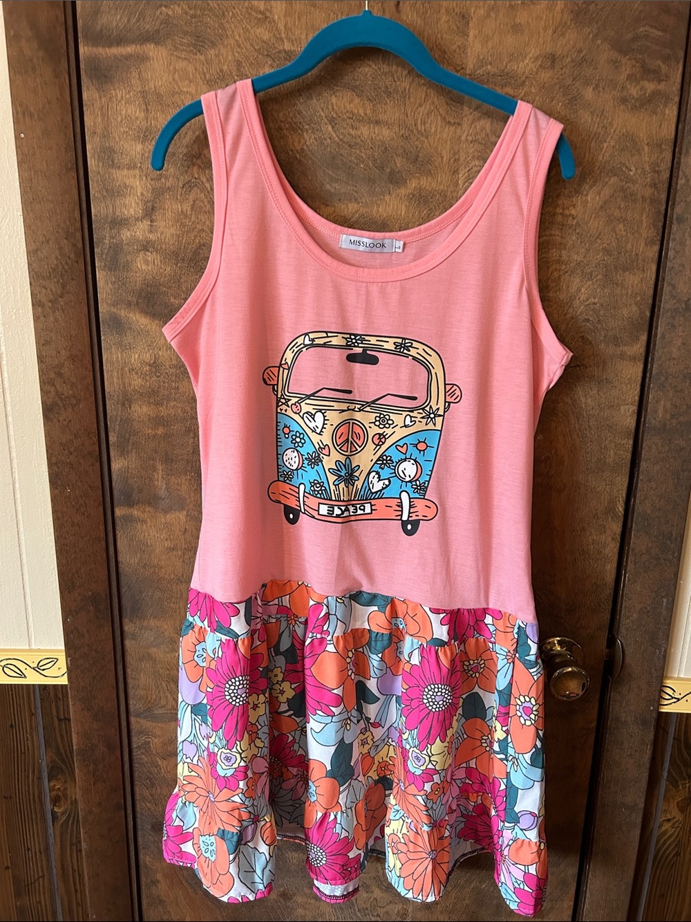 MISSLOOK Pink Sleeveless Dress with Colorful Floral Skirt and Hippie Van Print